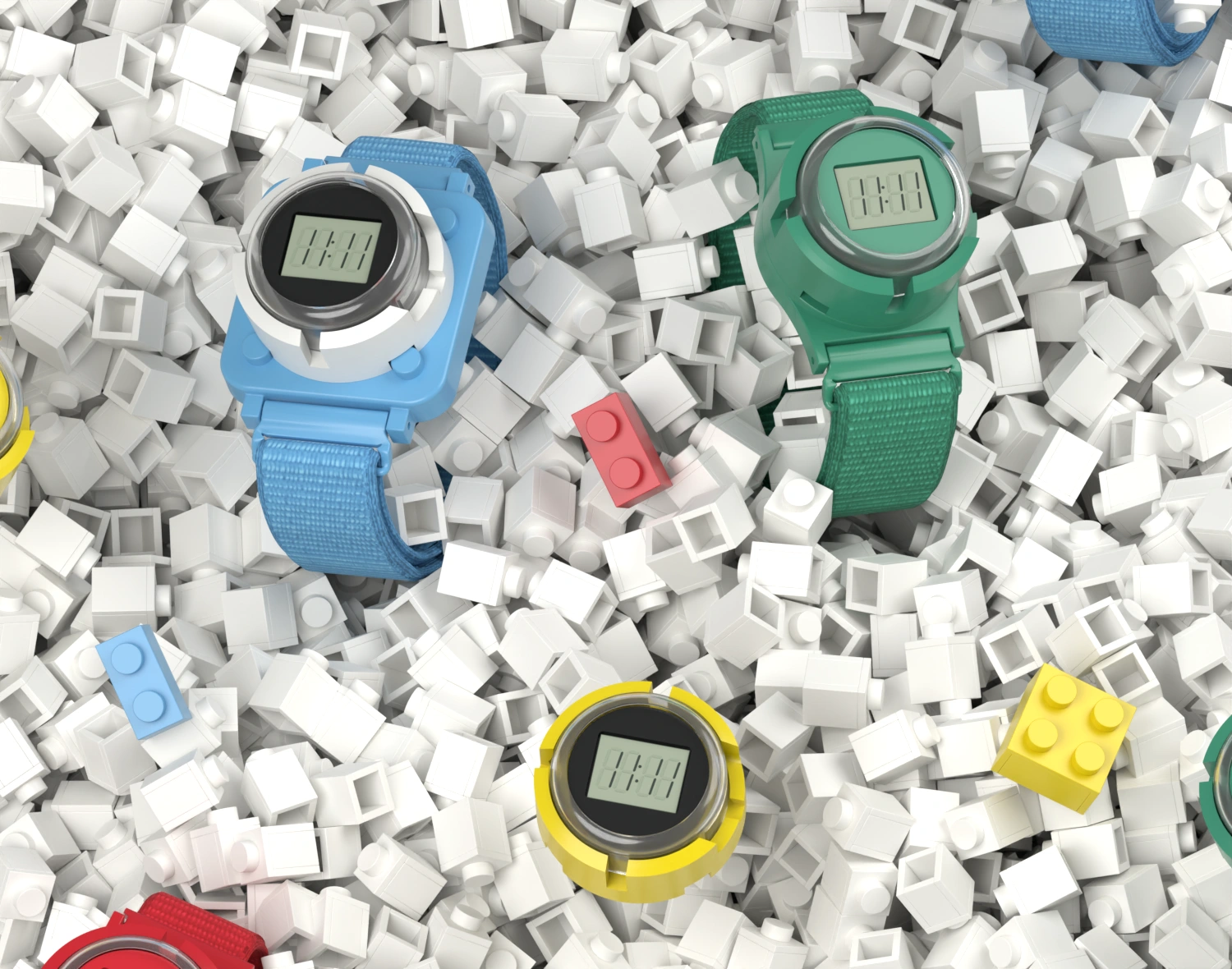 Playtime modular watch design: blue and green watches among white building bricks.